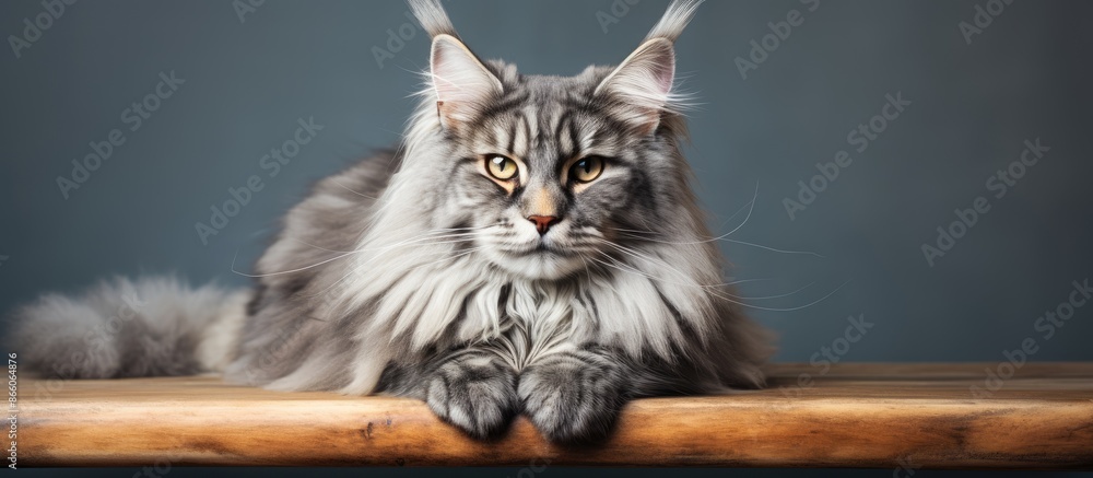 Poster a large and majestic main coon cat with beautiful fur, looking regal, set against a neutral backgrou