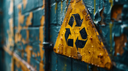 A yellow recycling symbol painted on a rusted, weathered wall, highlighting environmental decay and the need for sustainability.