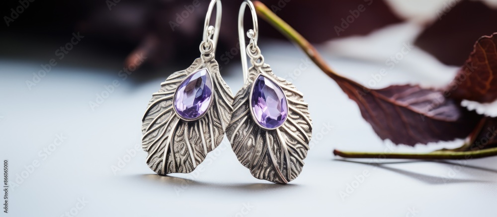 Poster closeup shot depicting a stunning pair of silver earrings adorned with amethyst gemstones and leaf d