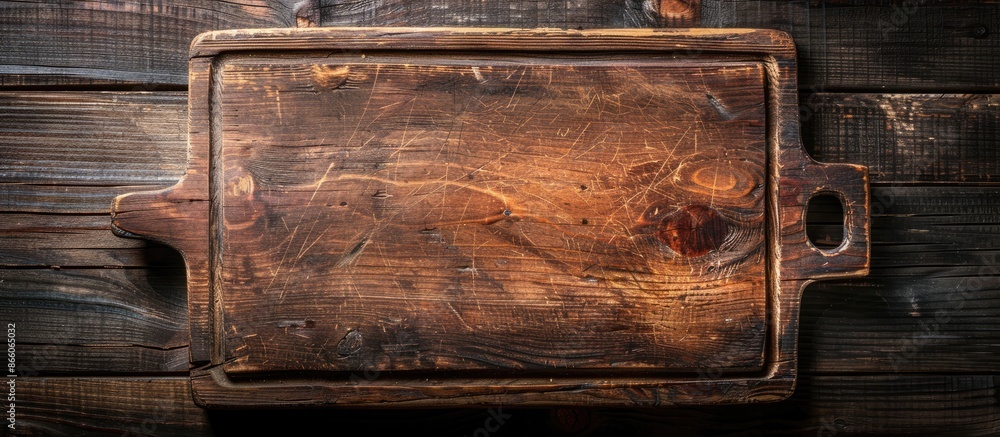 Poster Top-down view of an aged cutting board on a rustic dark wood surface with room for text or graphics in the shot, commonly known as a copy space image.