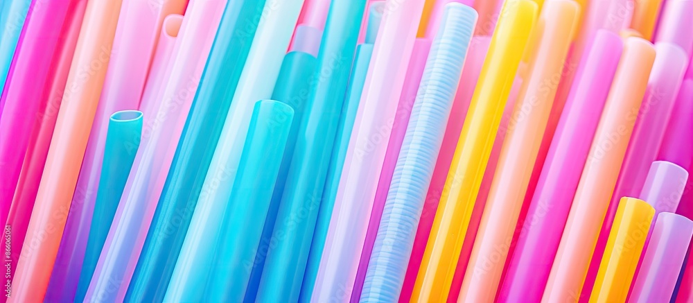 Poster Colorful plastic straws stacked on a vibrant background in a flat lay composition with space for text. Copy space image.