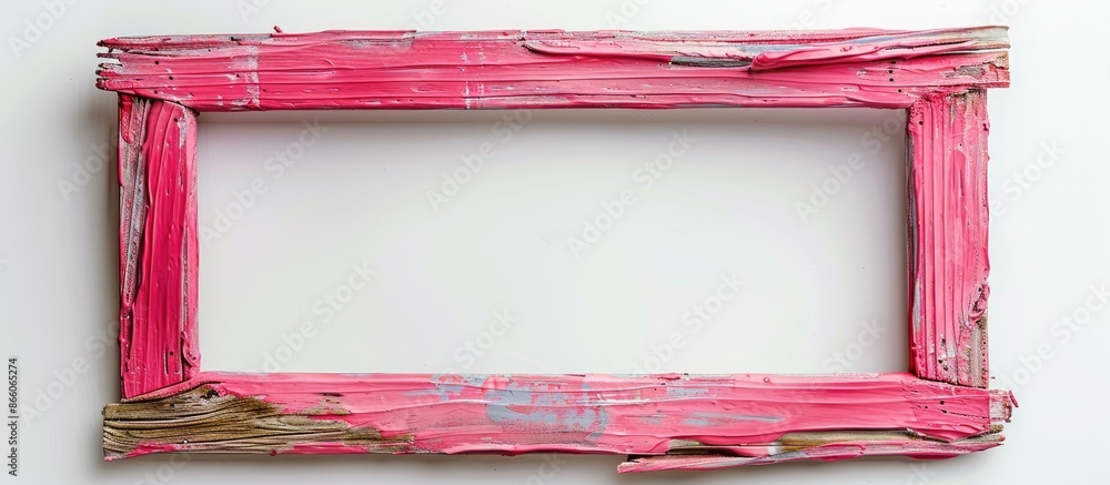 Poster a4 size empty copyspace wooden photo frame colored with pink paint, isolated over the white backgrou