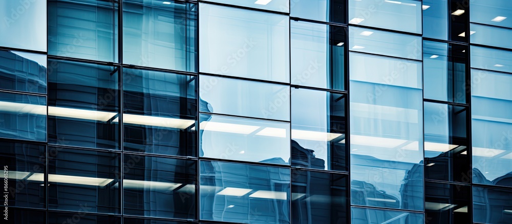 Poster abstract closeup of a modern building facade covered in reflective plate glass. architectural backgr