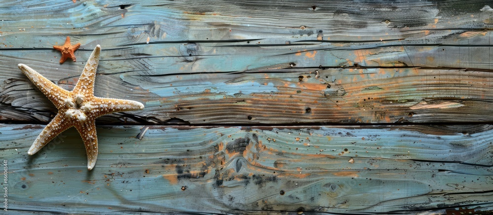 Poster Sea objects including a starfish on an aged wooden table with a rustic appearance, ideal for a copy space image.