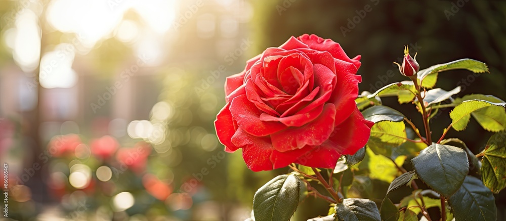 Poster a beautiful red rose blooming on a tree in the garden with copy space image.