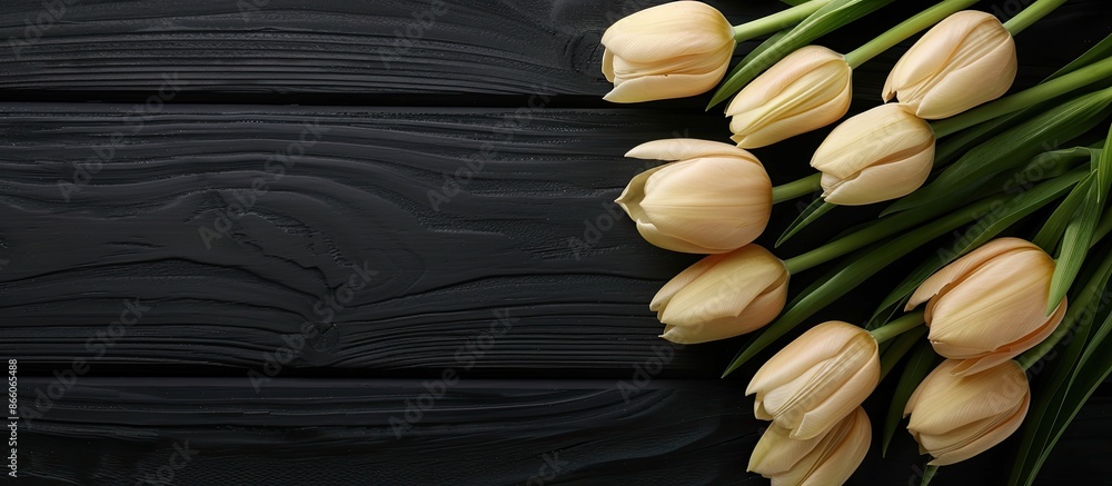 Leinwandbilder top-down view of a bunch of beige tulips displayed on a black wooden surface with space for text or 
