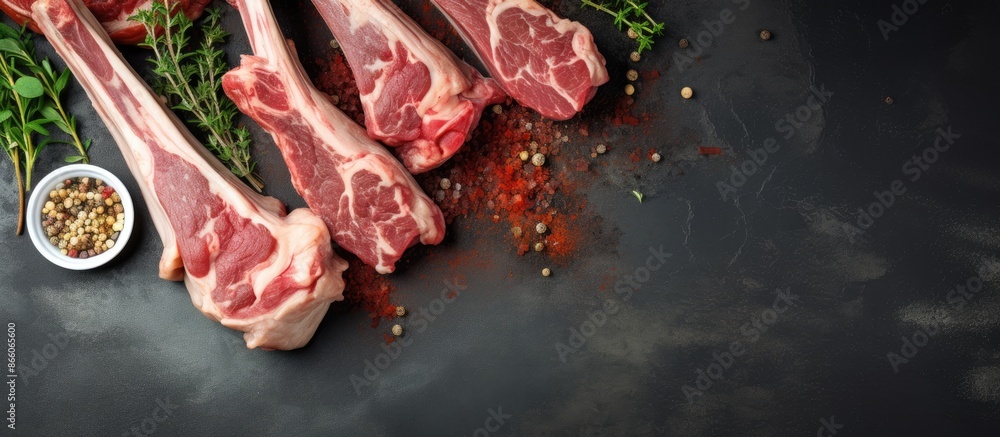 Leinwandbilder uncooked lamb shanks and mutton meat displayed on a kitchen table against a gray background in a top