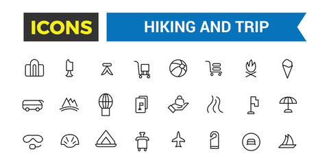 Hiking and Trip icons collection. Outline icons pack. Editable vector line icon set and illustration for web and UI application.