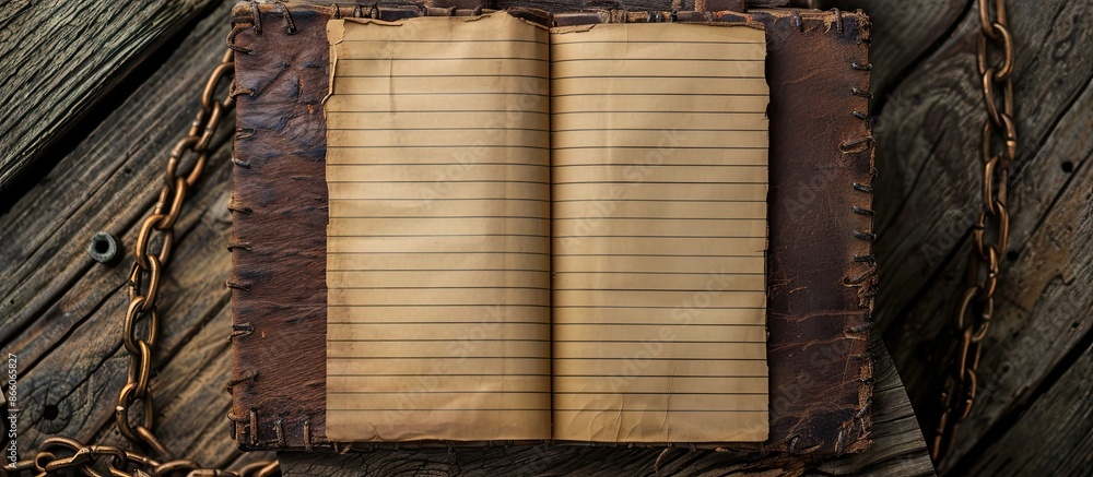 Poster Top view of a notebook with a blank page, set on a wooden table with an old rusty iron chain beside it, creating a copy space image.