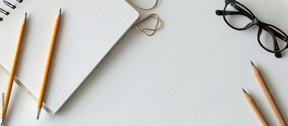 Poster a contemporary white desk featuring a notebook, glasses, pencils, and scissors, captured from above 