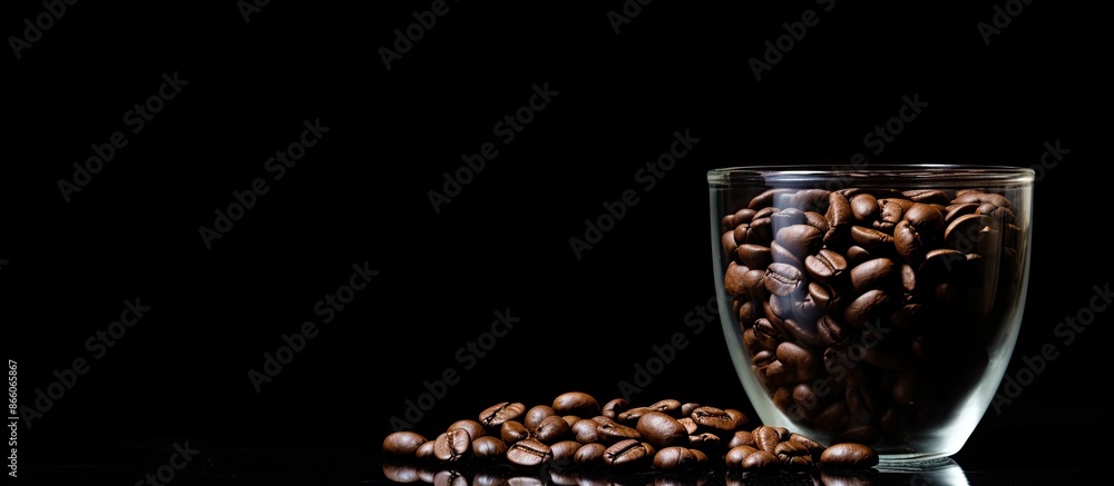 Poster Black coffee beans displayed against a black background with space for text or images. with copy space image. Place for adding text or design