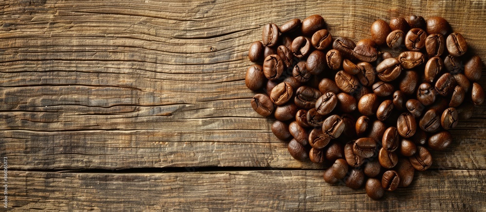 Poster coffee beans roasted and arranged in a heart shape on a wooden surface with a copy space image.