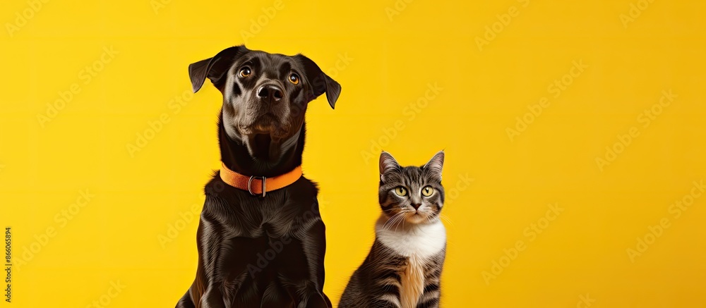Poster adorable cat and dog posing together against a vibrant yellow backdrop in a copy space image.