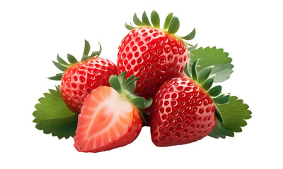 group of fresh strawberry and half strawberry isolated, red strawberry cut out