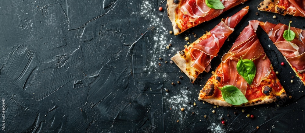 Aufkleber Top view of prosciutto and spice adorned pizza slices on a black backdrop with ample space for additional text or images.