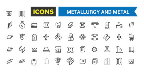 Metallurgy and Metal icons collection. Outline icons pack. Editable vector line icon set and illustration for web and UI application.