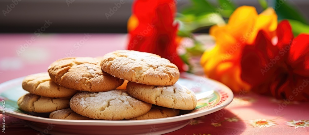 Poster closeup image of a plate with cookies and flowers on a colorful background, ideal for valentine's da