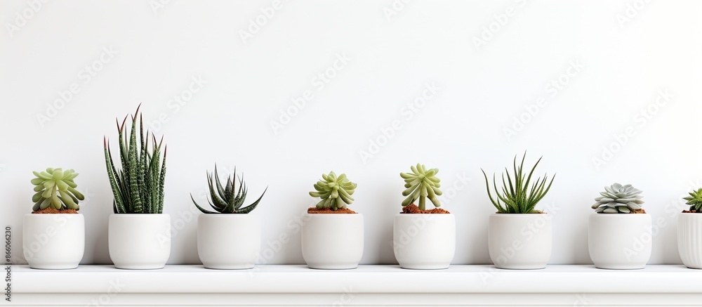 Aufkleber elegant marbled succulent planters displayed with tiny plants on a white shelf against a white wall,