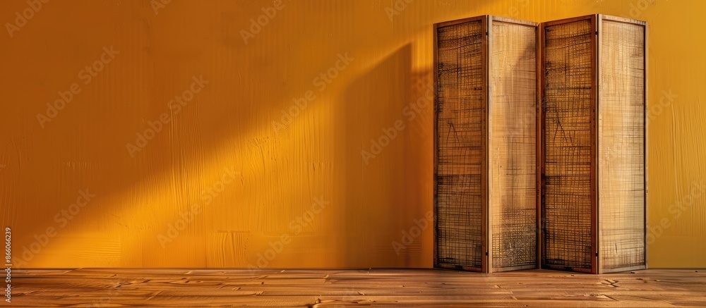 Fototapete wooden folding screen on color background. with copy space image. place for adding text or design