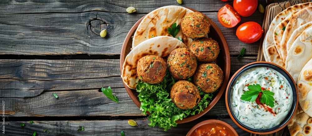 Poster Plate of falafel with pita bread and tzatziki sauce on wooden table. View from above. Copy space image. Place for adding text or design