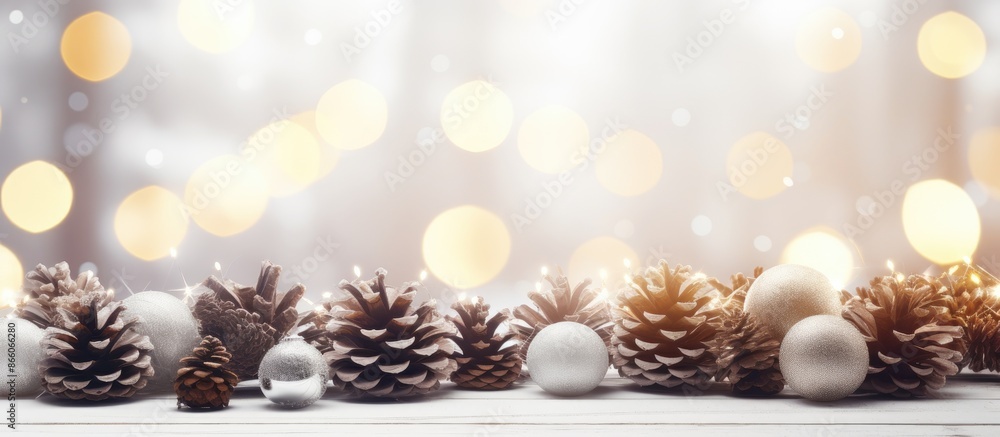 Poster white wooden table decorated with pine cones, creating a pure christmas ambiance with copy space ima