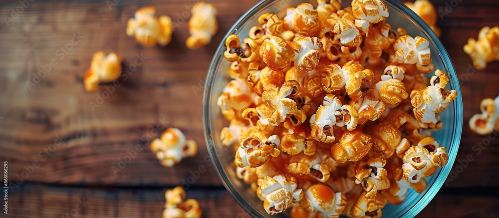 Aufkleber top view of a glass bowl filled with golden caramel popcorn, featuring ample copy space image.