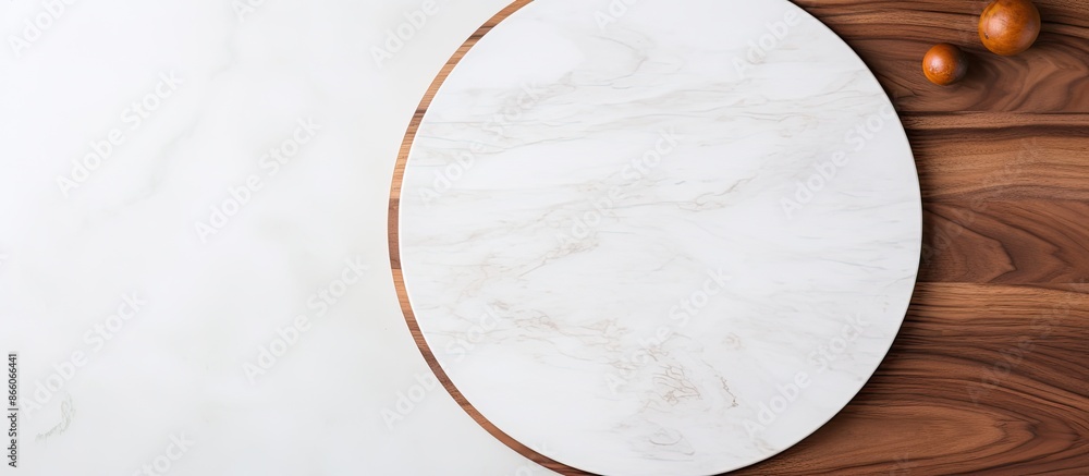 Fototapete circular wooden pizza platter on a white stone kitchen table, seen from above with space for text or