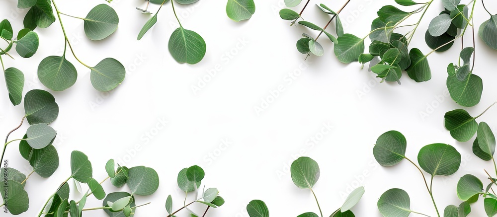 Poster Eucalyptus branches arranged in a frame on a white background with a flat lay view and copy space image available.