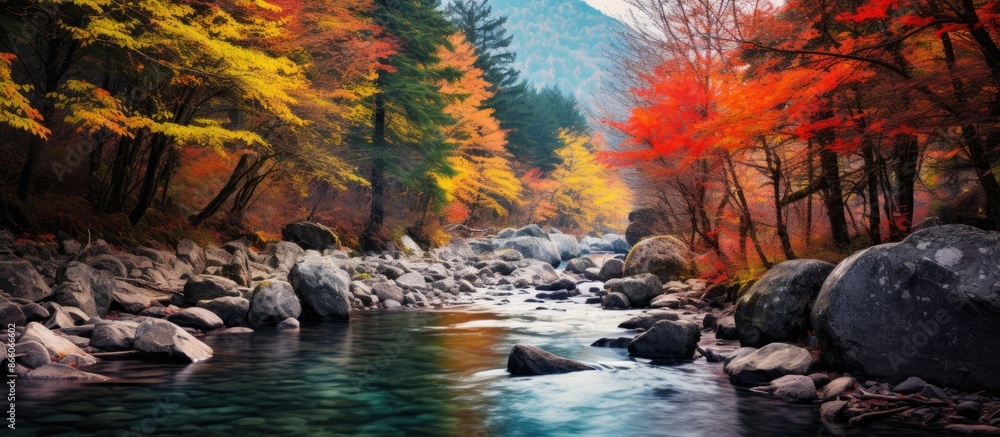 Poster colorful autumn leaves adorning trees with a mountain stream in the background as a copy space image