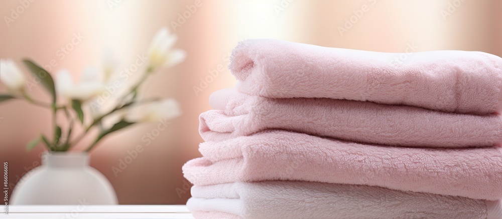 Poster Soft stack of clean towels on a blurred backdrop with copy space image available.