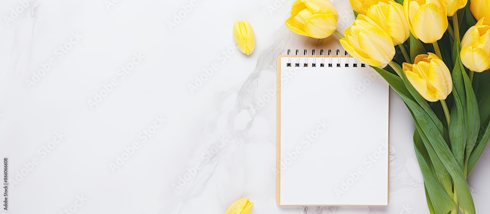 Poster Top view arrangement of fresh yellow tulips on a marble surface with a notepad and sketchbook, providing copy space in a delightful spring-themed image.