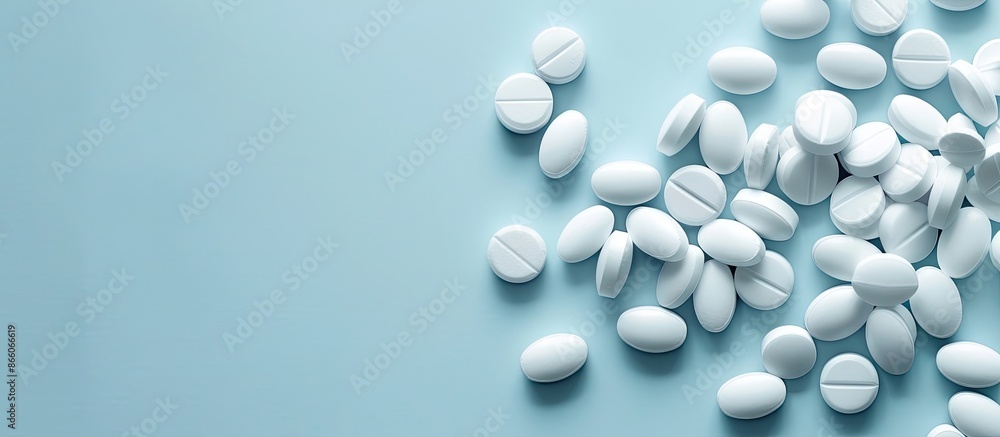 Poster White pills displayed on a paper background with ample copy space image.