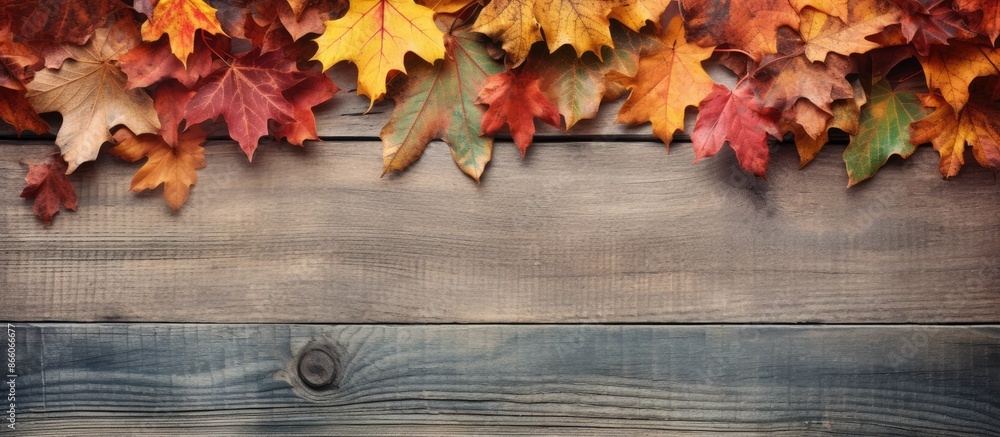 Aufkleber View from top showing fall leaves on a weathered wooden backdrop with space for image insertion. with copy space image. Place for adding text or design