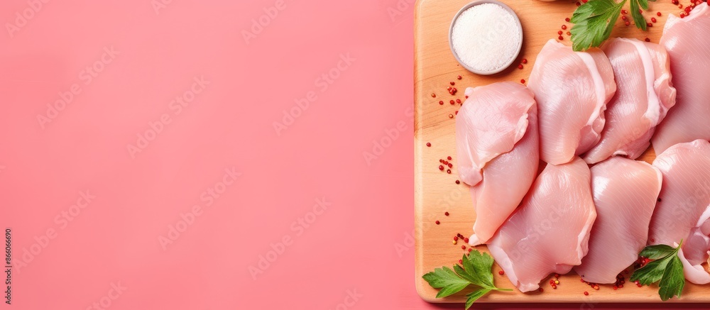 Leinwandbilder board with raw chicken meat on color background with copy space image.