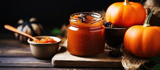 Fototapeta premium A rustic wooden table displays pumpkin jam with spices in a toned image, creating a fall harvest concept with copy space.