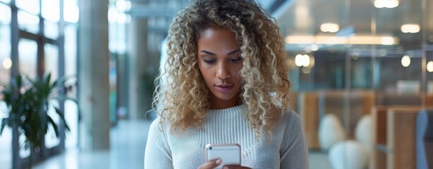 woman african Paying attention to information on mobile phones sitting at work