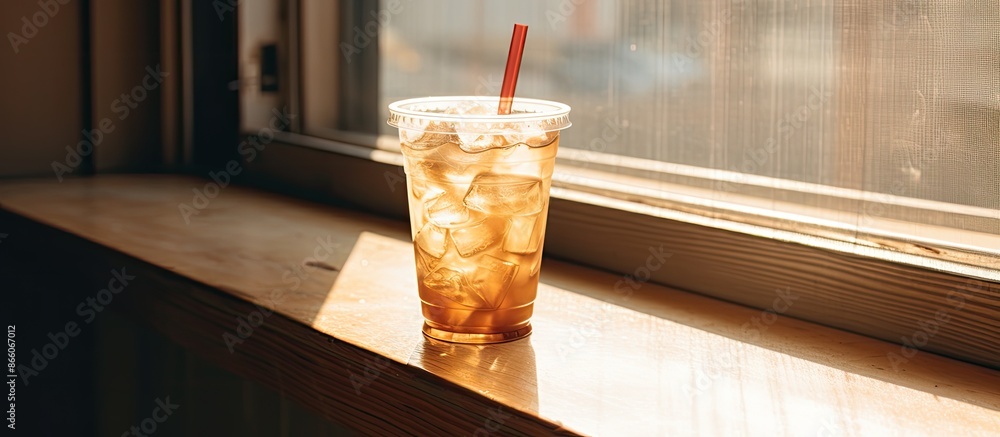 Aufkleber daylight illuminates a plastic cup filled with ice coffee on a wooden table with a straw beside it, 