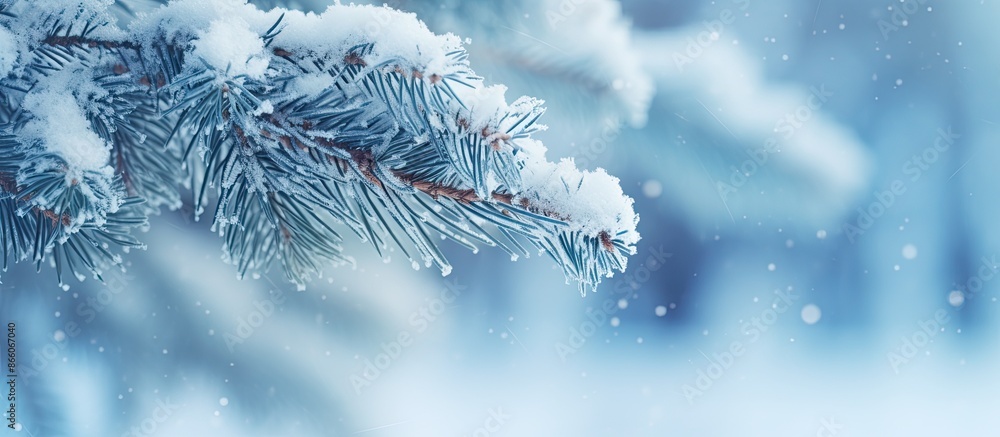 Aufkleber snow-covered pine tree branches creating a picturesque winter scene with a blurred background; a lov