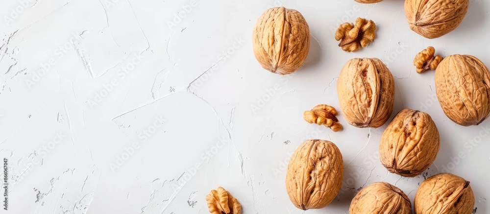 Poster round solid walnuts. lie on a white table. pastel background. with copy space image. place for addin