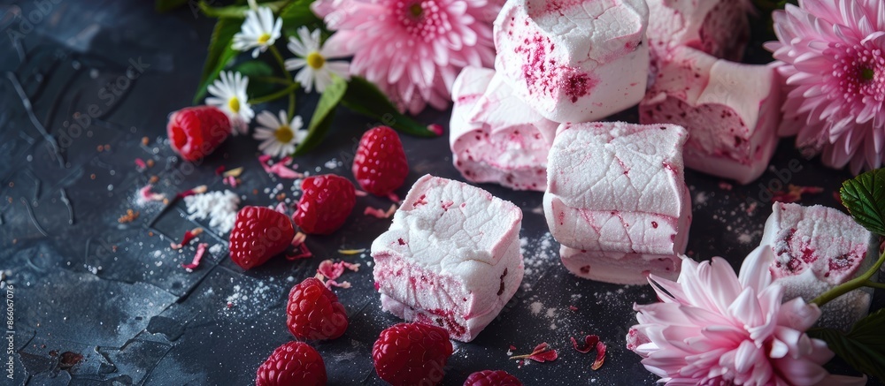 Poster Homemade healthy and organic zephyr or marshmallows displayed on a dark table adorned with flowers, raspberries, and designed as a template for a food blog social media post with copy space image.