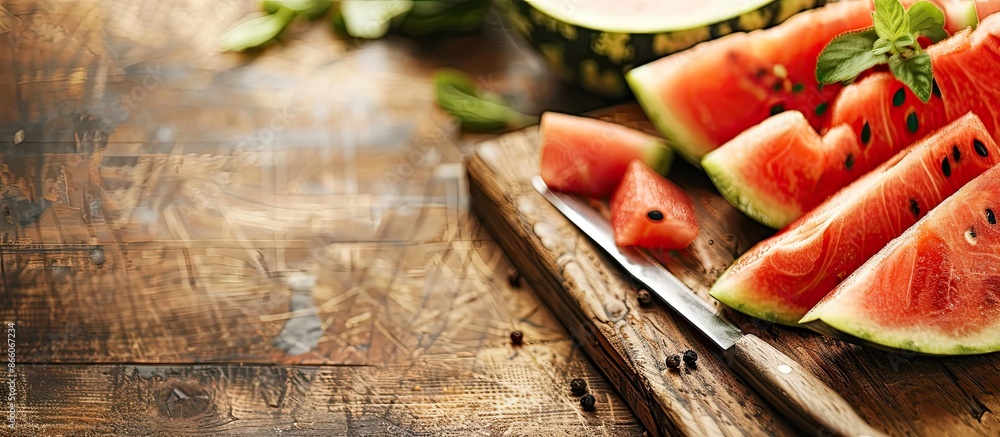 Leinwandbilder watermelon slices on a cutting board with a knife, showing a copy space image on the table.