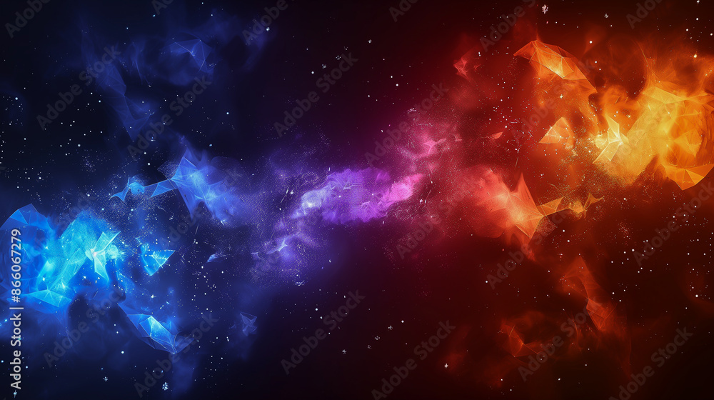 Poster a cosmic clash of blue and red nebulae in a starry space, creating a dynamic and colorful galactic s