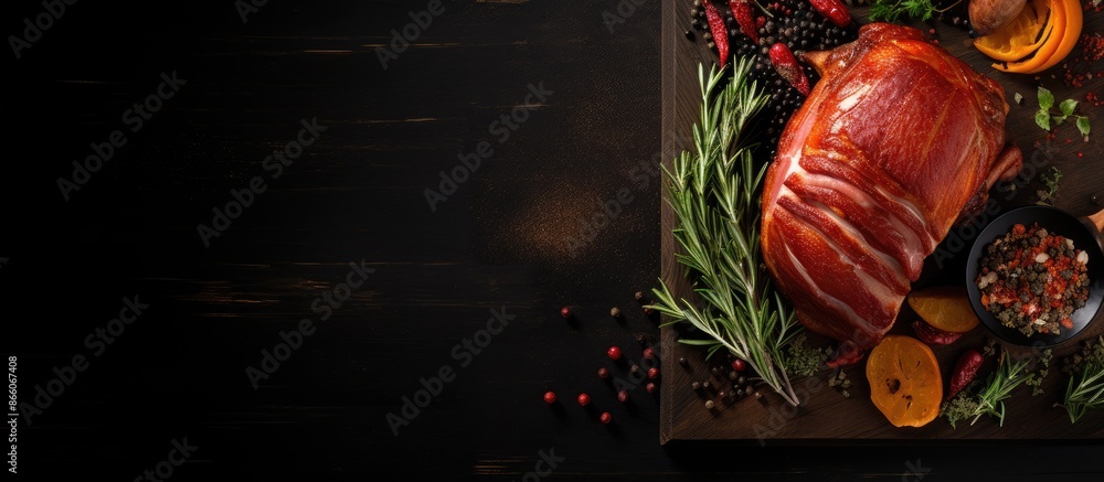 Aufkleber 'Christmas composition featuring a roasted ham on a dark backdrop, highlighting a traditional food concept with a top-down view and empty space for text or design elements.'. with copy space image