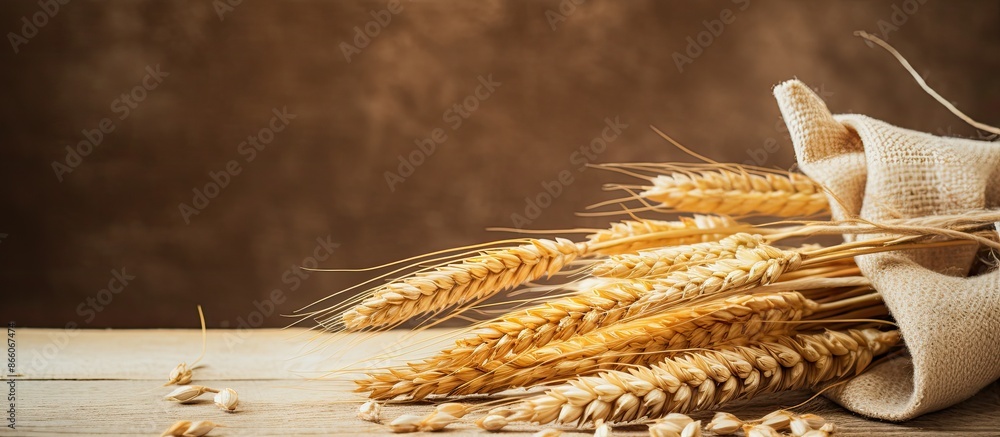 Poster wheat ears displayed on a table for design purposes with a copy space image.