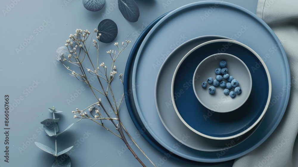 Poster modern plates in blue and grey colors in a minimalistic flat lay with tableware