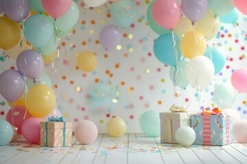 A festive birthday party scene with colorful balloons, confetti, and presents against a white wall. Generative AI