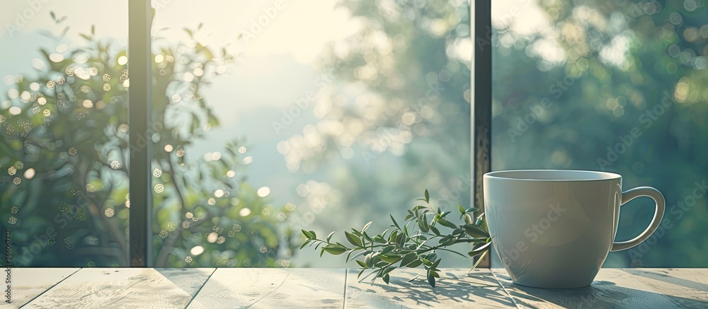 Poster Scandinavian-style coffee cup placed by a large window with a view, ideal for copy space image.