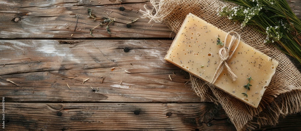 Poster Handmade organic soap and facial cleanser displayed on a rustic wood background with ample copy space image.