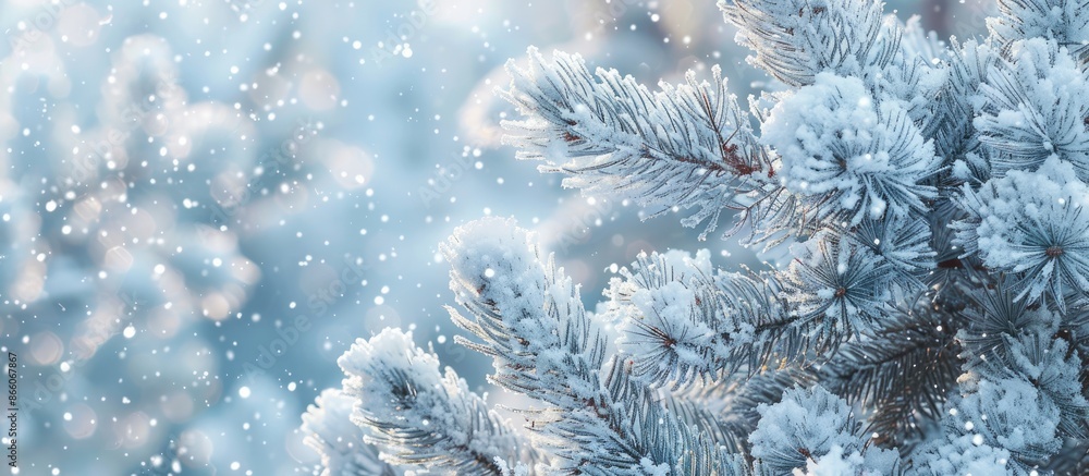 Poster snow covers pine branches creating a wintry, festive copy space image.