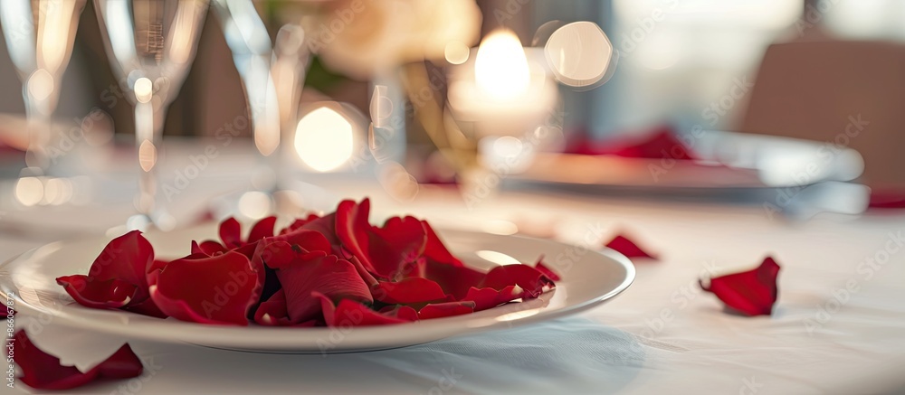 Poster romantic dinner table setting with rose petals on white table, featuring a closeup view with copy sp